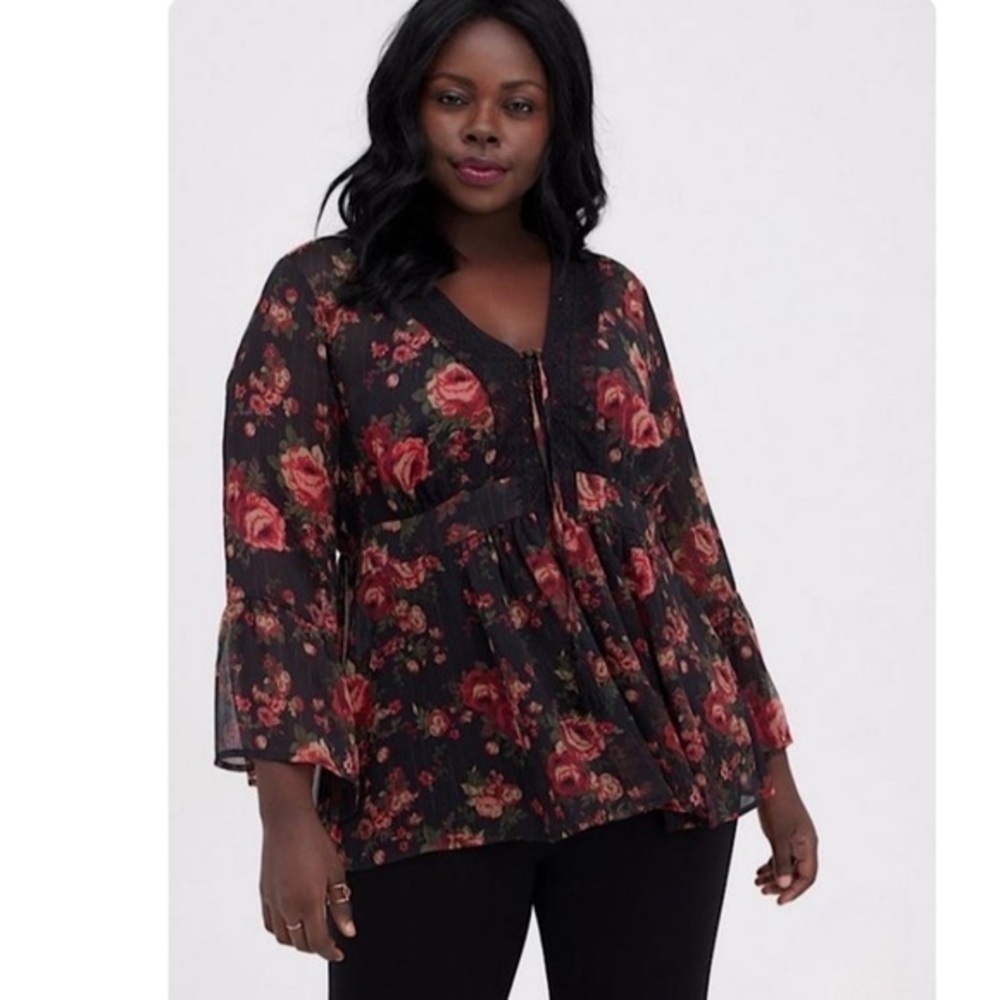 Torrid New! Babydoll Chiffon Detail Lace-Up Blouse
